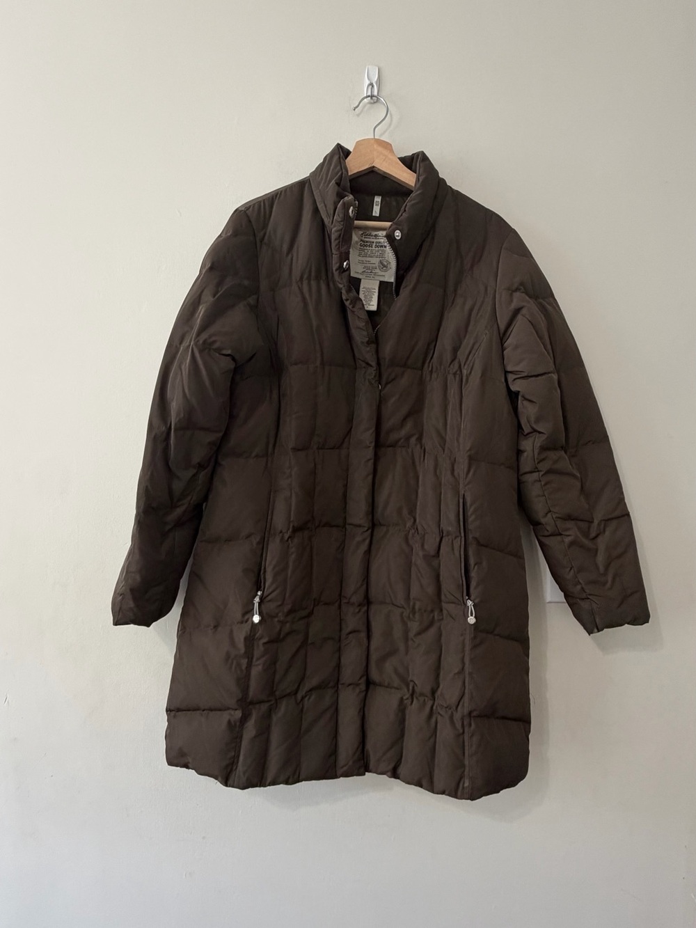 Eddie Bauer Premium Goose Down Coat Womens Large Brown Long Puffer Jacket